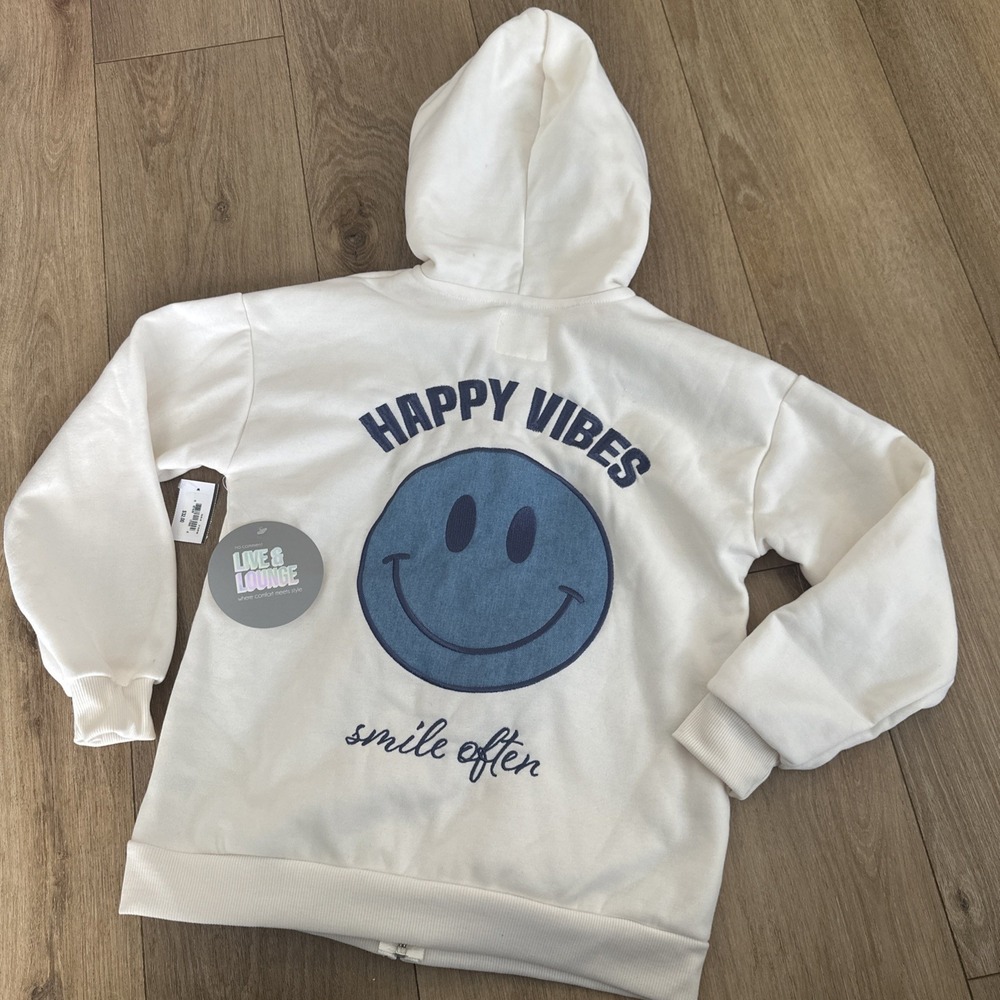 No Comment Happy Vibes Girl's Full Zip Hoodie XL(16) Ivory‎ Smile NWT